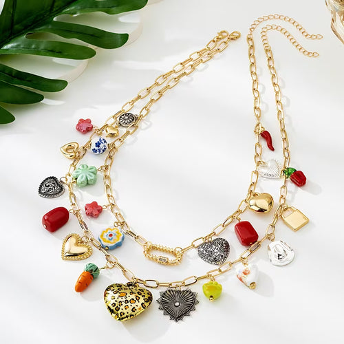 Bohemian Style Trendy Vintage Holiday Double-Layer Stackable Multi-Pendant Necklace